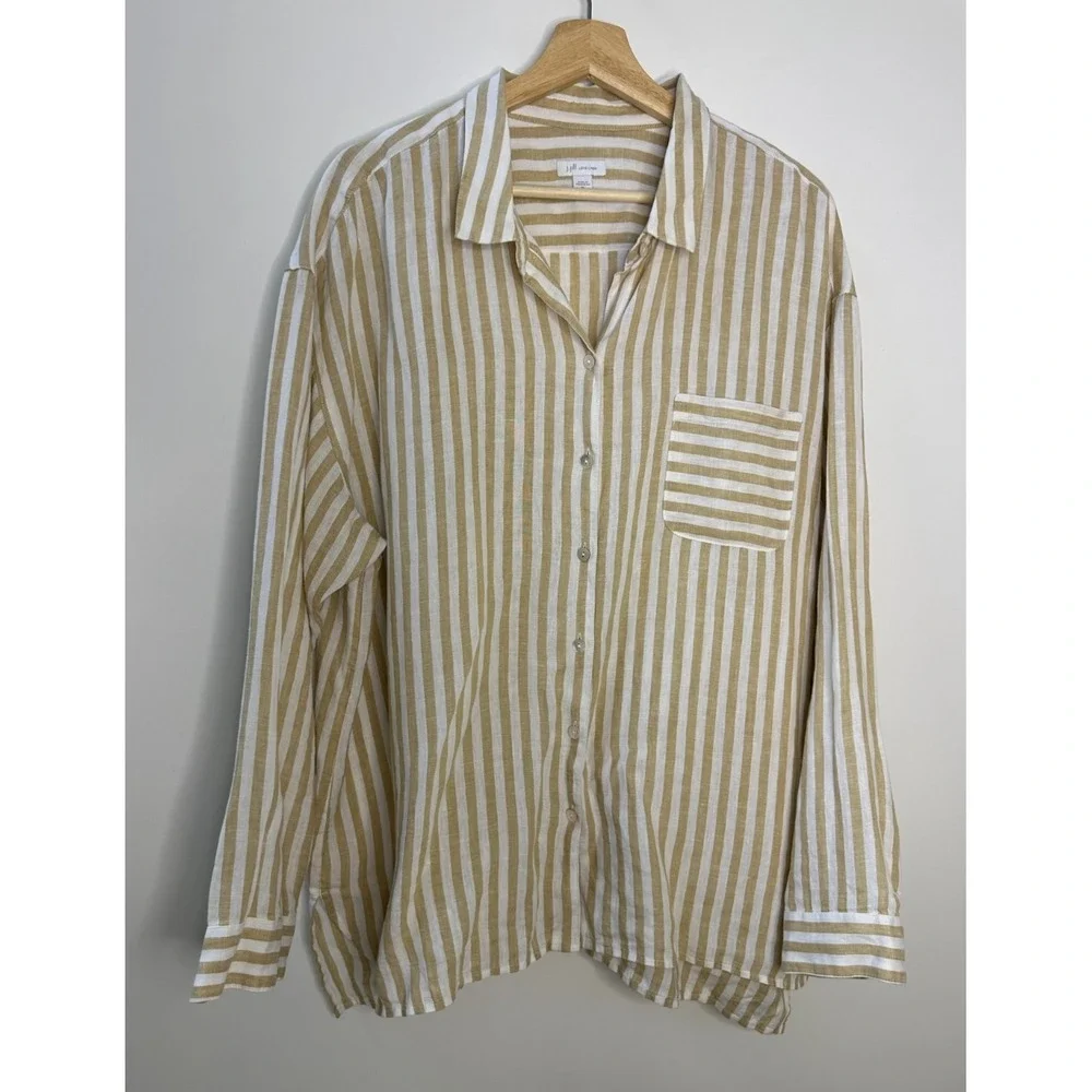 J Jill Love Linen Tan White Striped Button Up Pocket Shirt XL Lagonlook Coastal - Picture 11 of 12